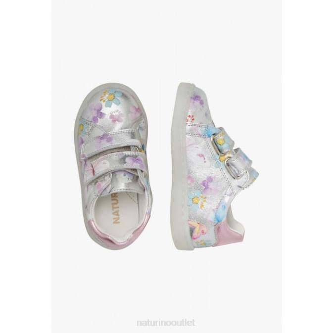 Kids Naturino Silver OWIE VL Leather Sneakers with Butterfly Print J6T6417