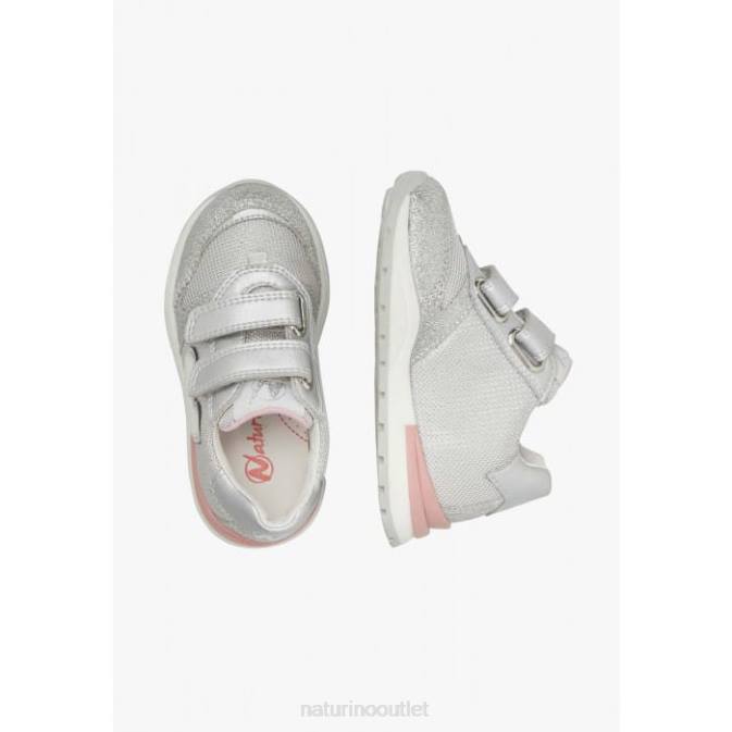 Kids Naturino Silver QUELLY VL Leather and Fabric Sneakers J6T6501