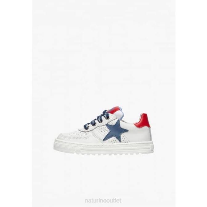Kids Naturino White-Blue HESS ZIP. Perforated Leather Sneakers with Star with Zipper J6T6480