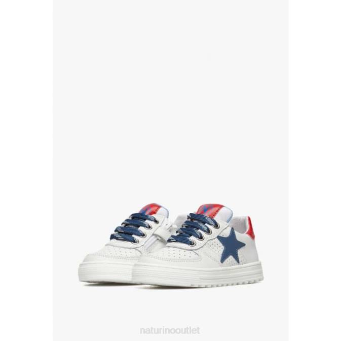 Kids Naturino White-Blue HESS ZIP. Perforated Leather Sneakers with Star with Zipper J6T6480