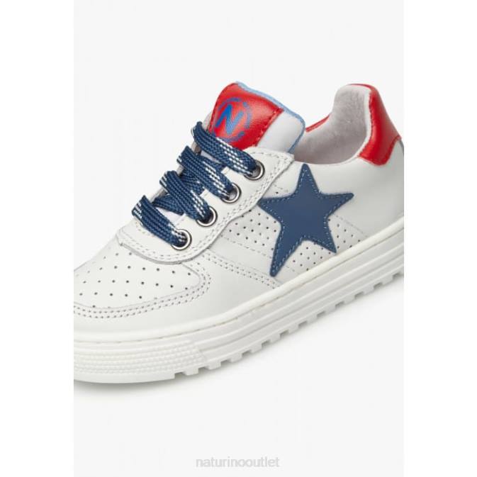 Kids Naturino White-Blue HESS ZIP. Perforated Leather Sneakers with Star with Zipper J6T6480