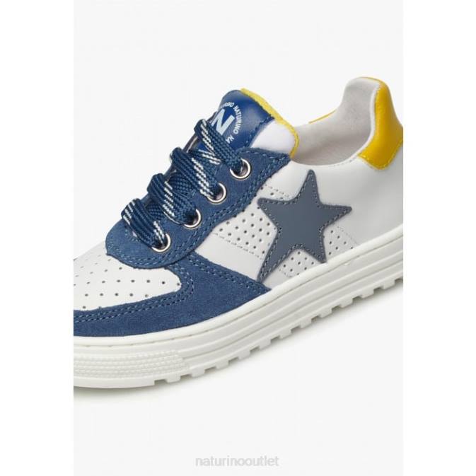Kids Naturino White-Blue HESS ZIP. Perforated Leather and Sued Sneakers with Zipper J6T6512