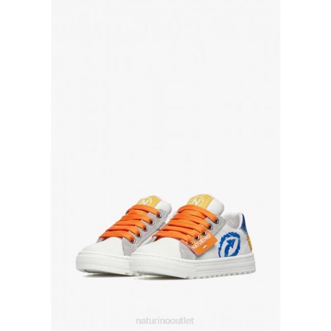 Kids Naturino White-Light Blue HESS ARROW ZIP. Leather and Suede Sneakers J6T6473