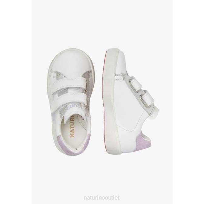 Kids Naturino White-Lilac ANNIE VL Leather Sneakers with Star Patch J6T6385