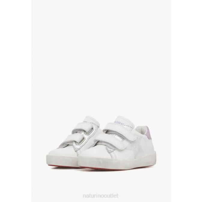 Kids Naturino White-Lilac ANNIE VL Leather Sneakers with Star Patch J6T6385