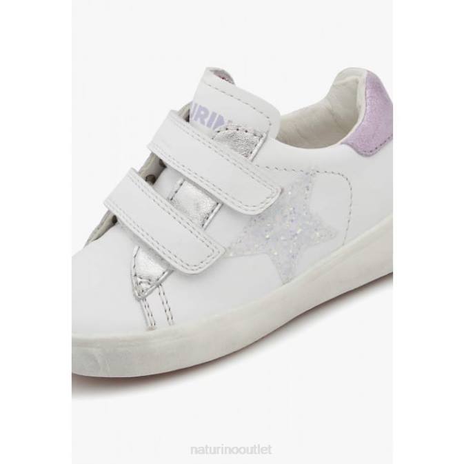 Kids Naturino White-Lilac ANNIE VL Leather Sneakers with Star Patch J6T6385