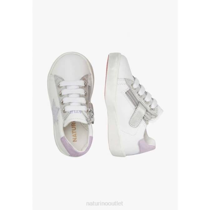 Kids Naturino White-Lilac ANNIE ZIP Leather Sneakers with Star Patch J6T6392