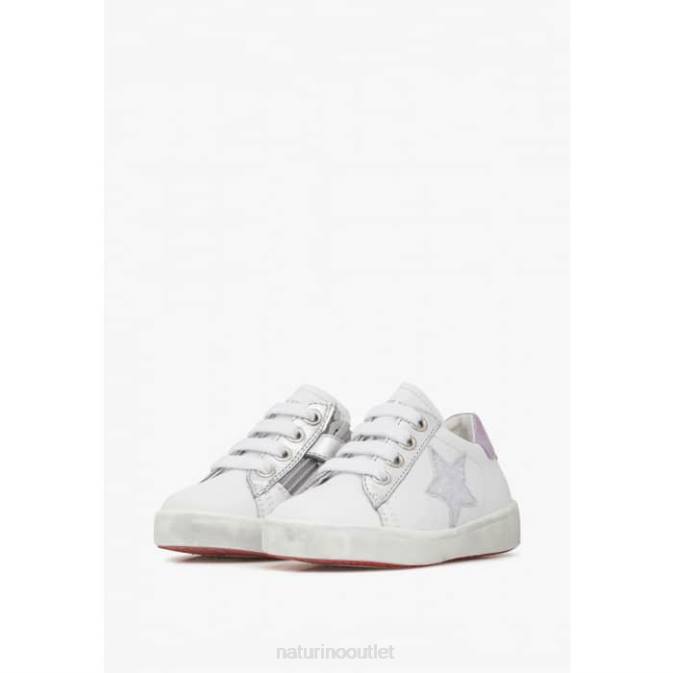 Kids Naturino White-Lilac ANNIE ZIP Leather Sneakers with Star Patch J6T6392