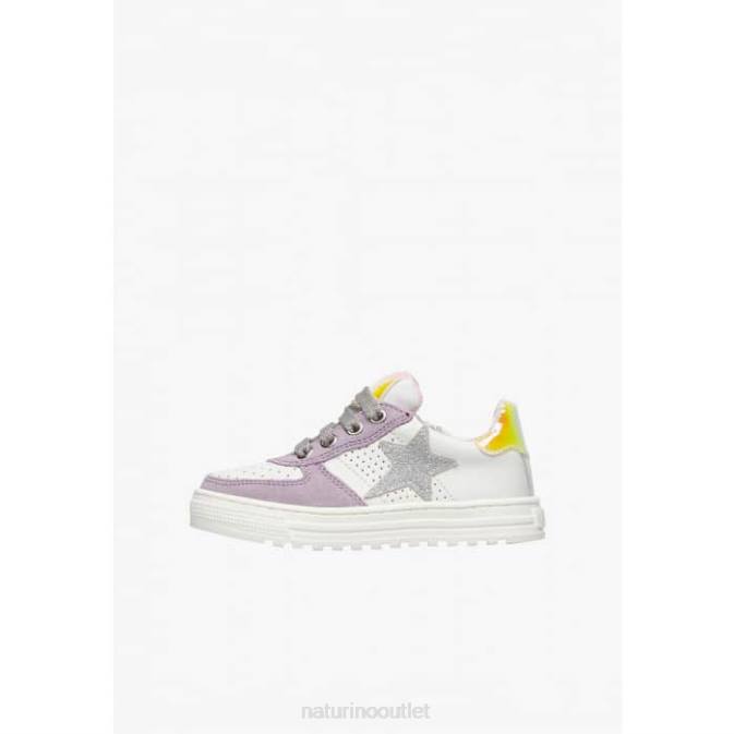 Kids Naturino White-Lilac HESS ZIP. Leather and Suede Sneakers with Zipper J6T6461