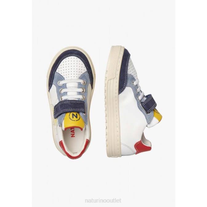 Kids Naturino White-Navy AURIEL VL. Perforated Leather and Suede Sneakers with Star J6T6491
