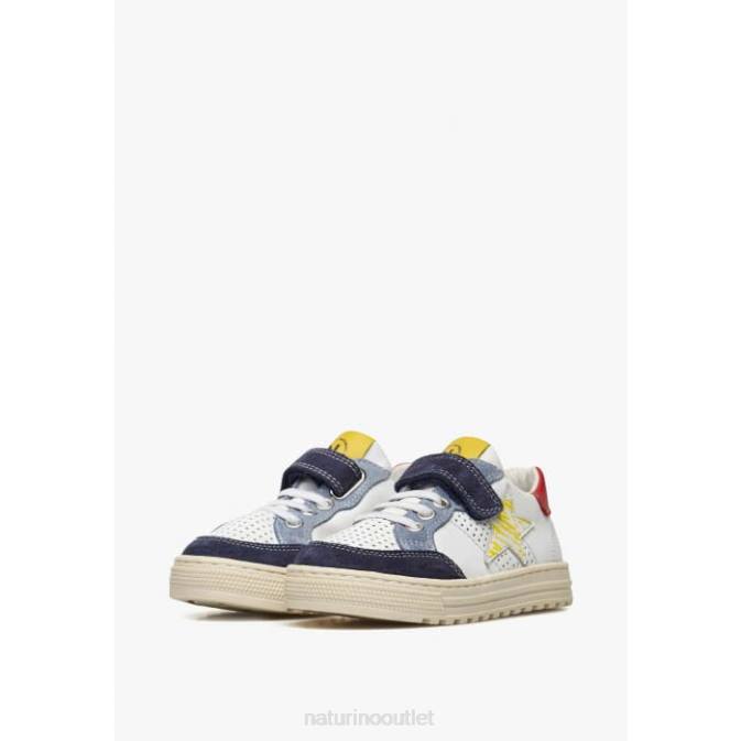Kids Naturino White-Navy AURIEL VL. Perforated Leather and Suede Sneakers with Star J6T6491