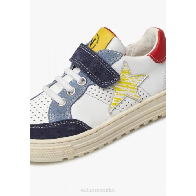 Kids Naturino White-Navy AURIEL VL. Perforated Leather and Suede Sneakers with Star J6T6491