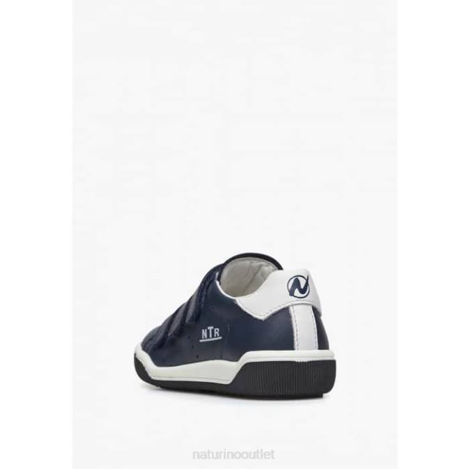 Kids Naturino White-Navy CLIFF VL Leather Sneakers with Velcro J6T6362