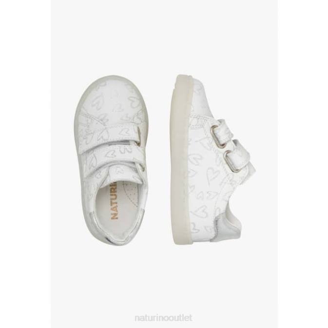 Kids Naturino White OWIE VL Leather Sneakers with Hearts Print J6T6386
