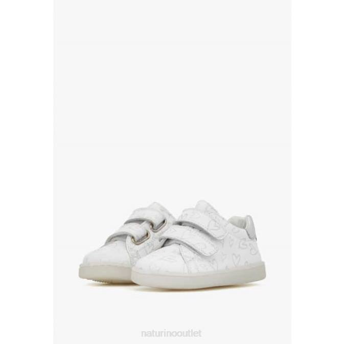 Kids Naturino White OWIE VL Leather Sneakers with Hearts Print J6T6386