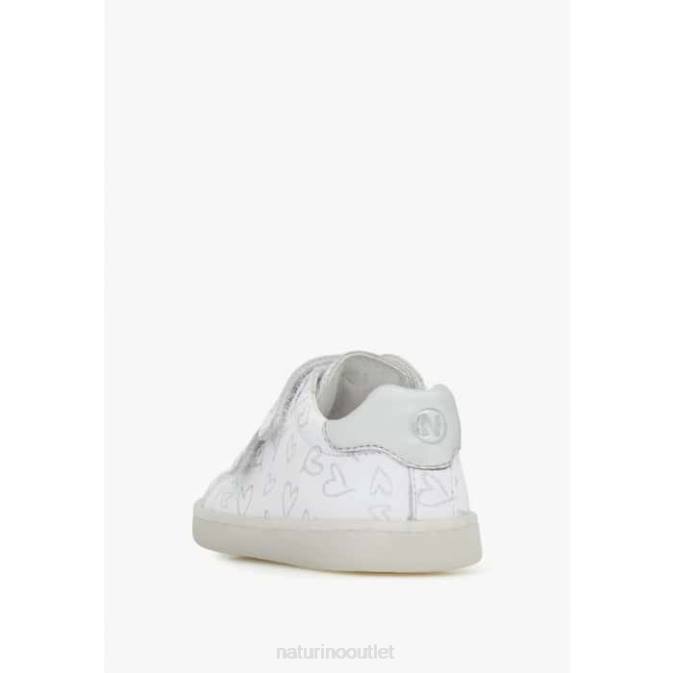 Kids Naturino White OWIE VL Leather Sneakers with Hearts Print J6T6386