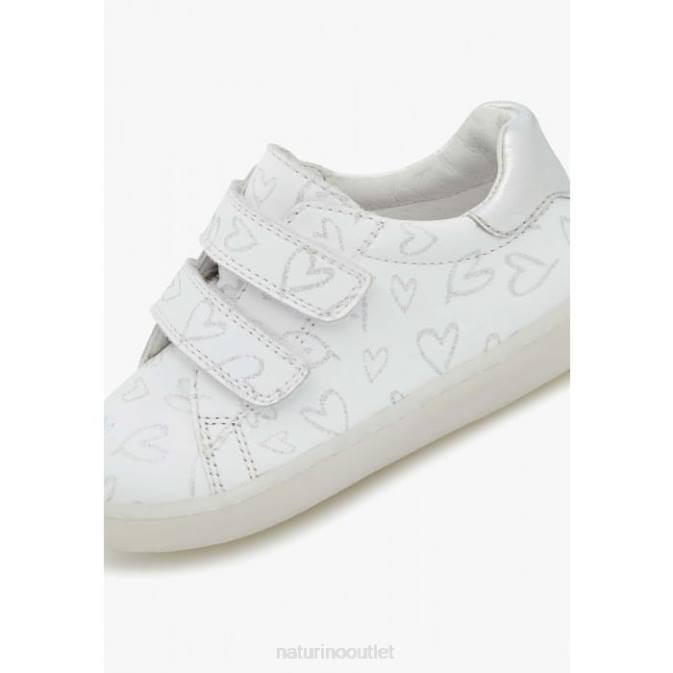 Kids Naturino White OWIE VL Leather Sneakers with Hearts Print J6T6386