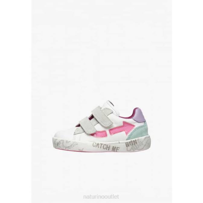 Kids Naturino White-Pink KRISTIL VL Leather and Fabric Sneakers J6T6490