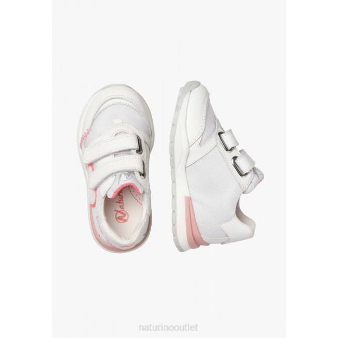 Kids Naturino White-Pink QUELLY VL Leather and Fabric Sneakers J6T6449