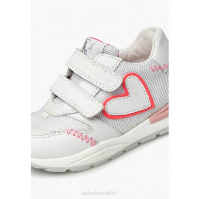 Kids Naturino White-Pink QUELLY VL Leather and Fabric Sneakers J6T6449