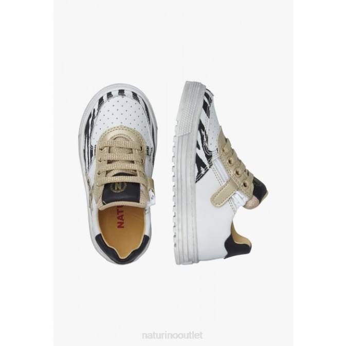 Kids Naturino White-Platinum HESS ZIP. Perforated Leather Sneakers with Animal Detail J6T6521