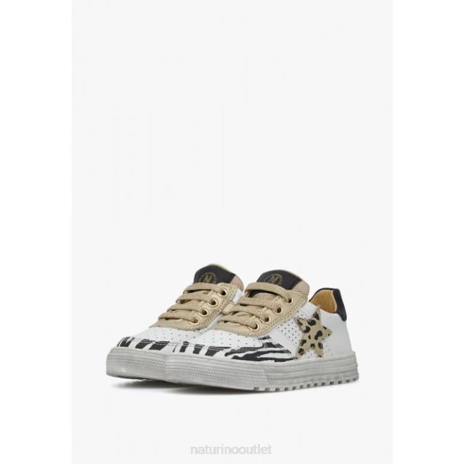 Kids Naturino White-Platinum HESS ZIP. Perforated Leather Sneakers with Animal Detail J6T6521