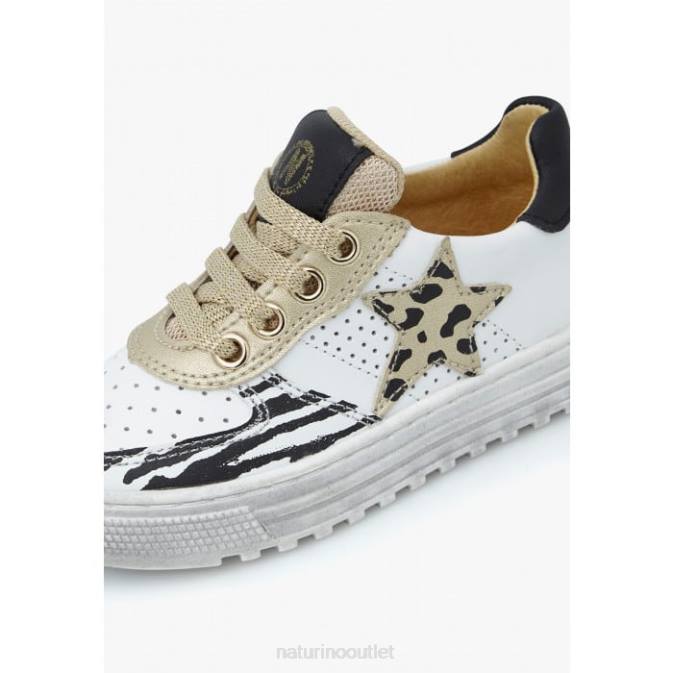 Kids Naturino White-Platinum HESS ZIP. Perforated Leather Sneakers with Animal Detail J6T6521