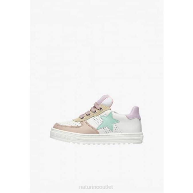 Kids Naturino White-Powder Pink HESS ZIP. Perforated Leather Sneakers with Star with Zipper J6T6487