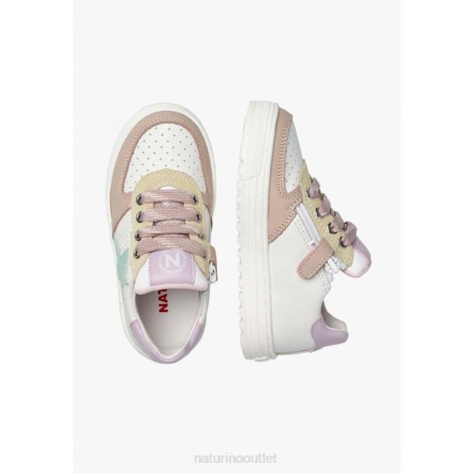 Kids Naturino White-Powder Pink HESS ZIP. Perforated Leather Sneakers with Star with Zipper J6T6487