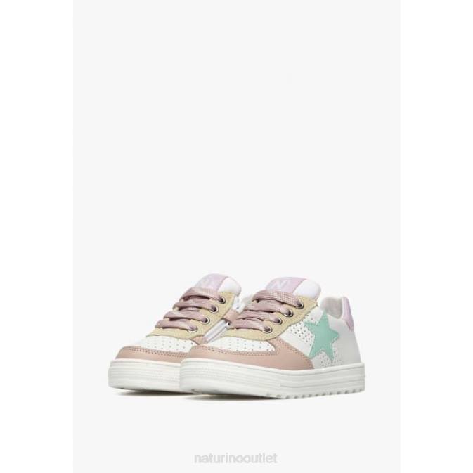 Kids Naturino White-Powder Pink HESS ZIP. Perforated Leather Sneakers with Star with Zipper J6T6487