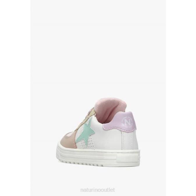 Kids Naturino White-Powder Pink HESS ZIP. Perforated Leather Sneakers with Star with Zipper J6T6487