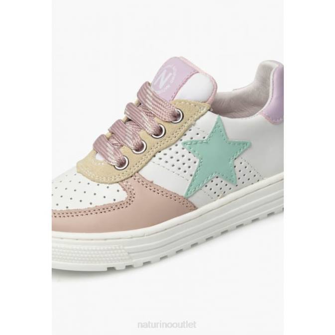 Kids Naturino White-Powder Pink HESS ZIP. Perforated Leather Sneakers with Star with Zipper J6T6487