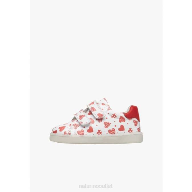 Kids Naturino White-Red OWIE VL Leather Sneakers with Hearts Print J6T6505