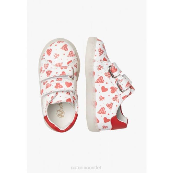 Kids Naturino White-Red OWIE VL Leather Sneakers with Hearts Print J6T6505