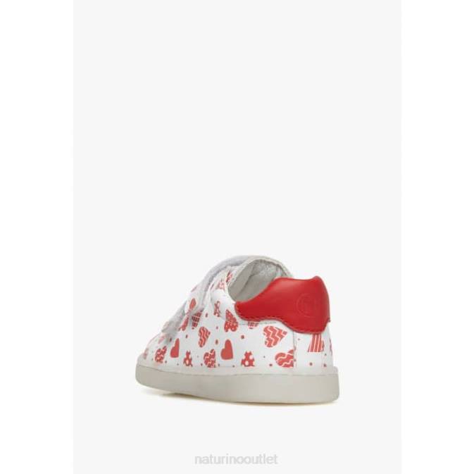Kids Naturino White-Red OWIE VL Leather Sneakers with Hearts Print J6T6505