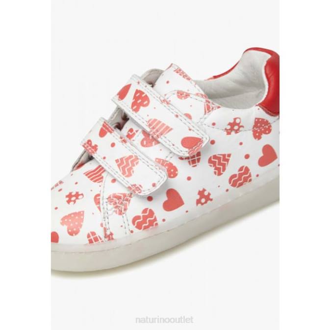Kids Naturino White-Red OWIE VL Leather Sneakers with Hearts Print J6T6505