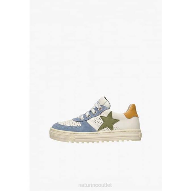 Kids Naturino White-Sky Blue HESS ZIP. Perforated Leather and Sued Sneakers with Zipper J6T6416
