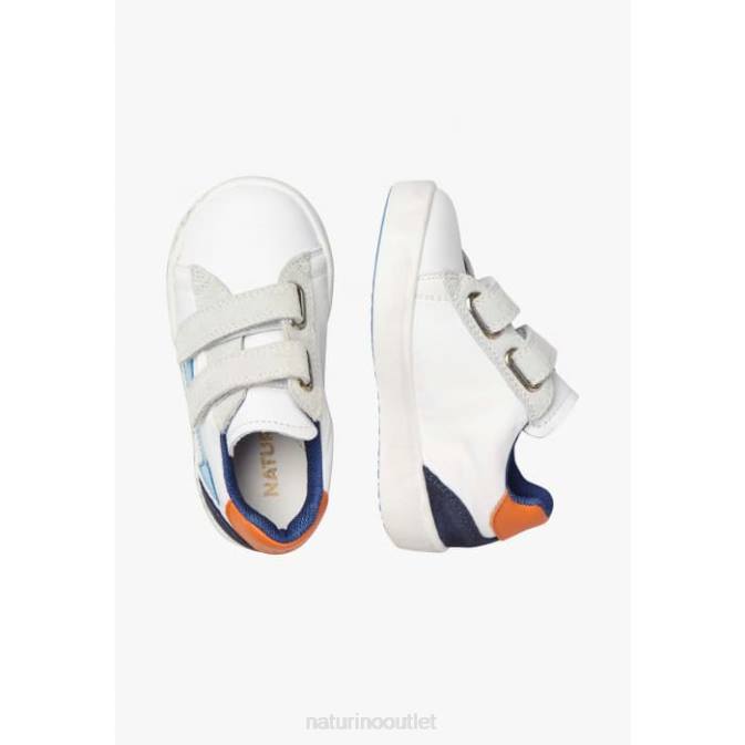 Kids Naturino White-Sky Blue KRISTIL VL Leather and Fabric Sneakers J6T6486