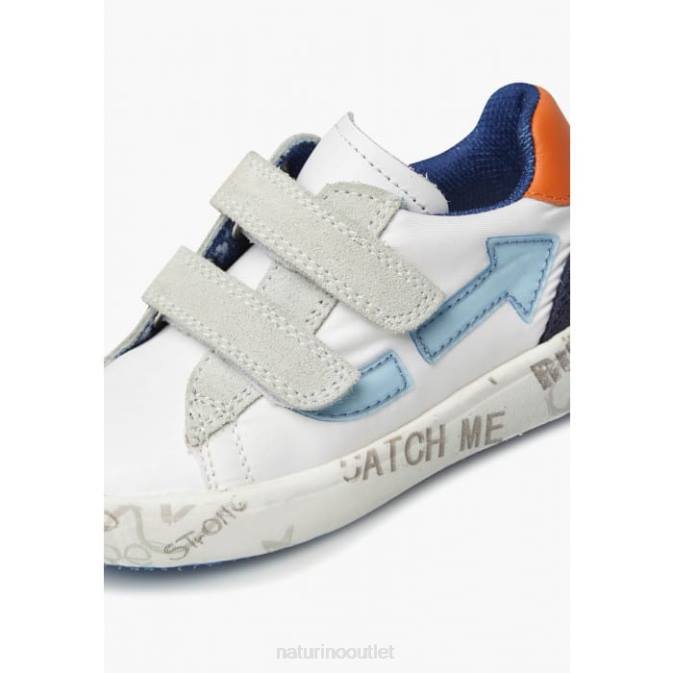 Kids Naturino White-Sky Blue KRISTIL VL Leather and Fabric Sneakers J6T6486